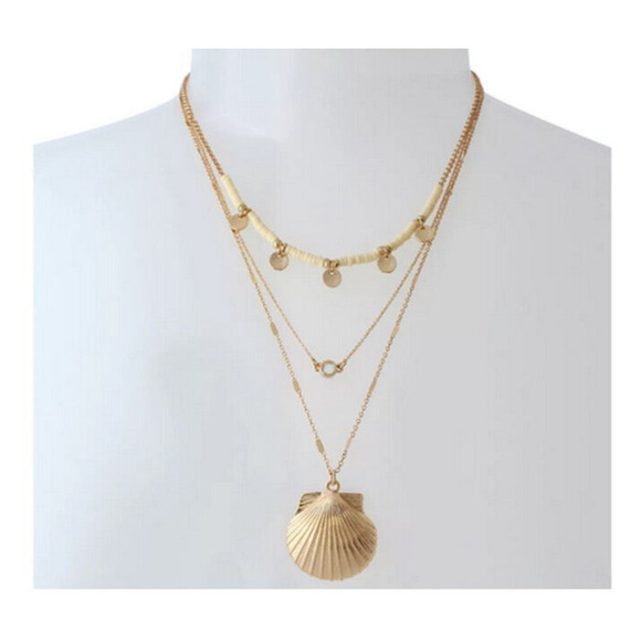 Jessica Simpson Multi-Layer Necklace Seashell Pendant Gold Tone Rhinestone - Picture 3 of 12